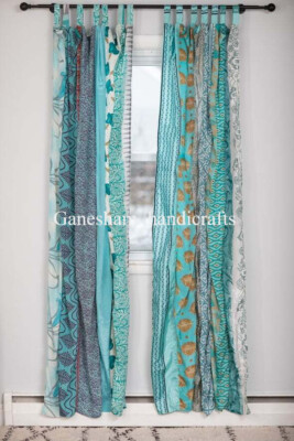 Indian Vintage Sari Patchwork Turquoise Curtain Drape Window Silk Curtain Lot