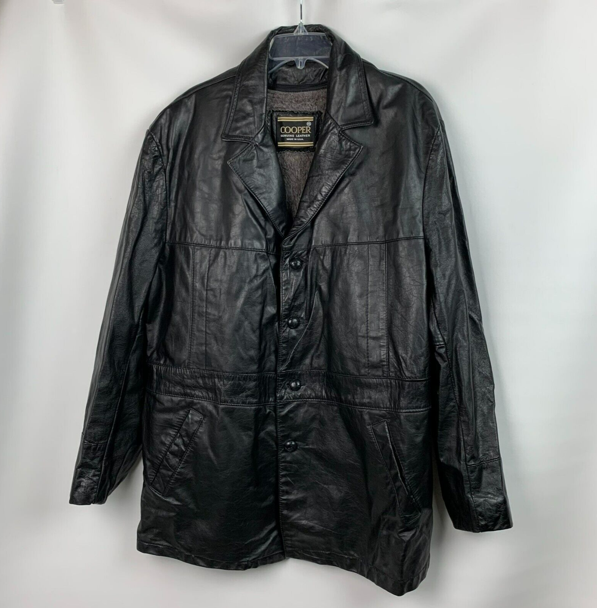 Cooper Vintage Jacket Black Leather Collared Buttons Pockets Zip