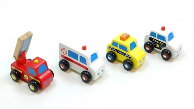 NEW CLASSIC TOYS Minifahrzeuge 4er Set Auto Feuerwehr Krankenwagen Taxi Polizei Holz Schiebeauto
