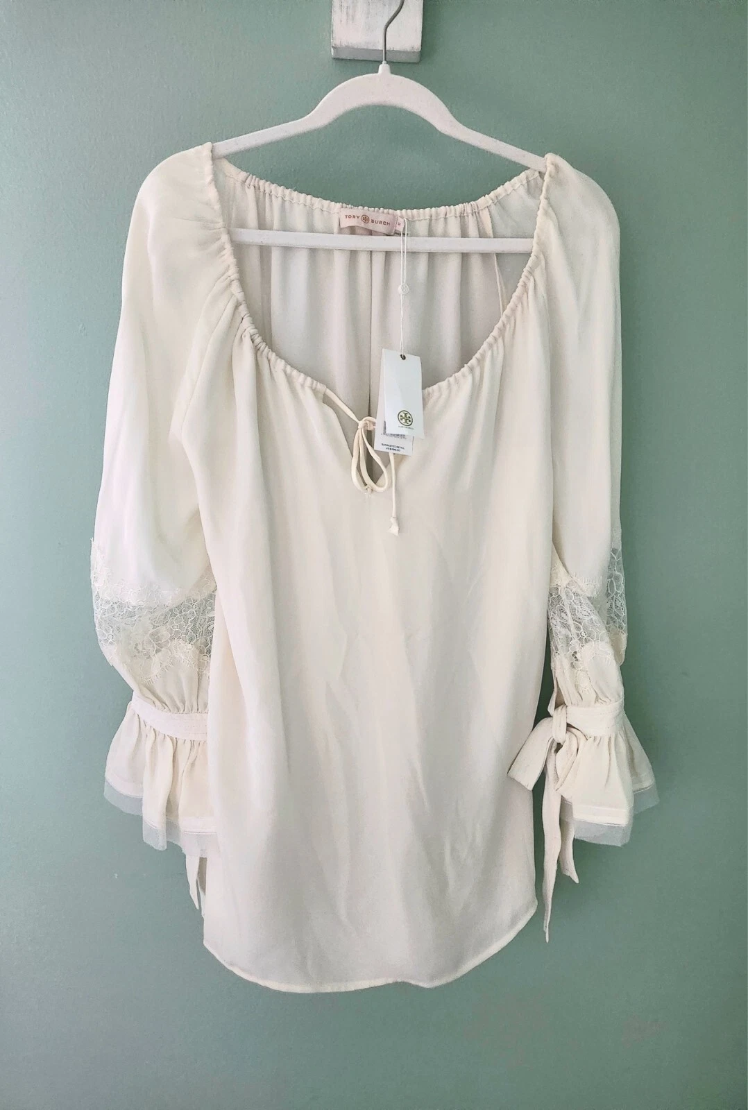 Camicia abito Tory Burch WILLOW CAMICETTA $398 NUOVO pizzo top avorio 100% seta bambola