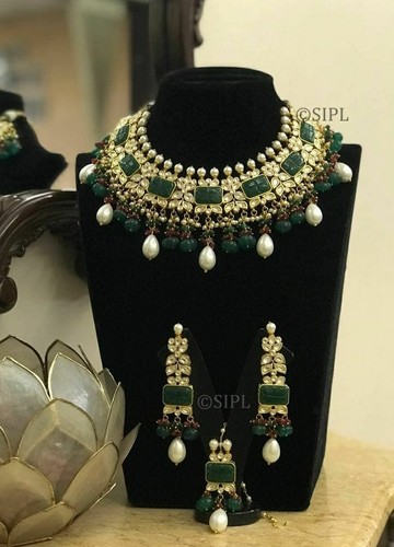 Designer Gold Plated Bollywood Style Jewelry Indian Kundan Emerald Necklace Tika - Picture 4 of 6