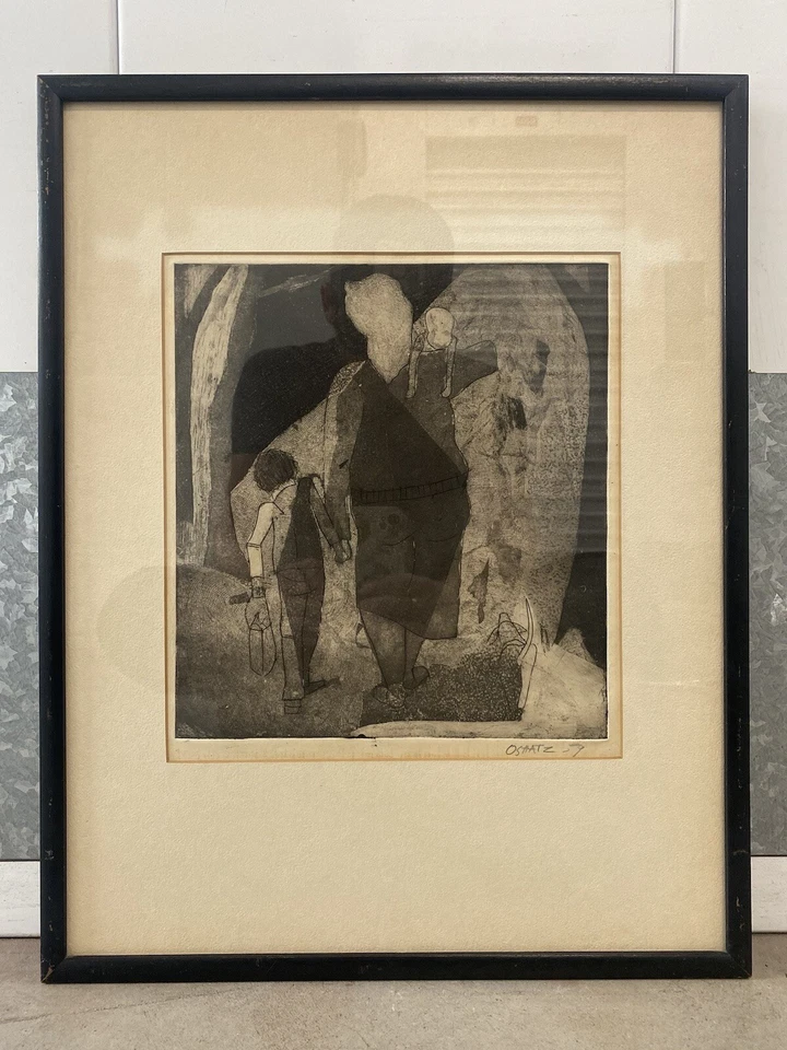 🔥 Litografía vintage cubista moderna madre hijo perro mediados de siglo, OSHATZ 1959 Foto 2 de 4