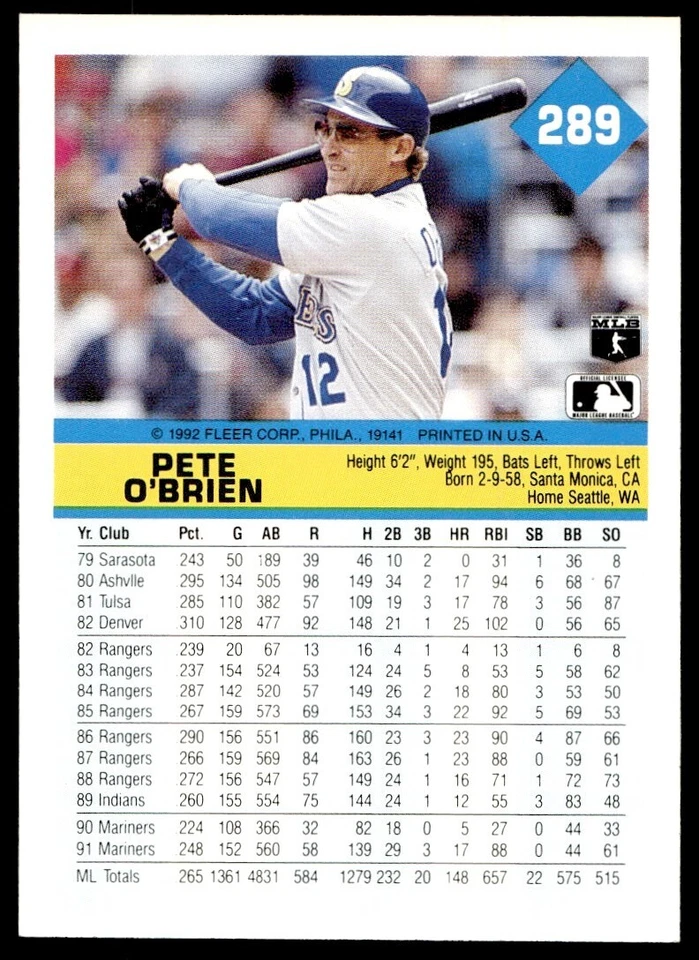 1992 Fleer Pete O'Brien Seattle Mariners #289 - Image 2 of 2