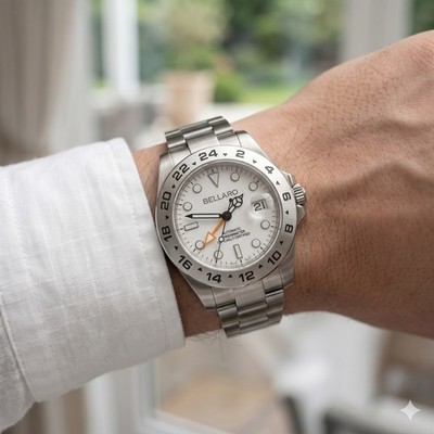 BELLARO Explorer Style Uhr - NH35 Automatik - Saphirglas weißes Zifferblatt