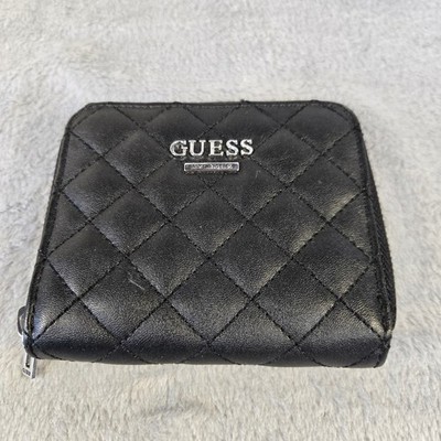 Guess Los Angeles Black Quilted Zip Around Small Wallet Coin Pocket Silver Logo