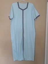 Men s Moroccan Thobe Kaftan Robe Blue Trim Short Sleeve Fits Like L-XL