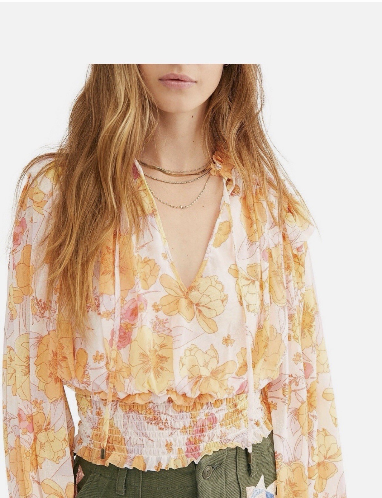 Free People Twilight Ruffle Long sleeve Smocked Hem V-neck Boho Top, Size M