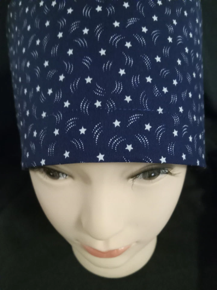 Navy Blue, White Stars. Euro Style Women's Scrub Cap.  Adjustable Cord Lock. - Image 2 of 2