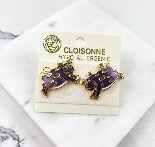Vintage Chinese Cloisonné Purple Enamel Cow Stud Earrings