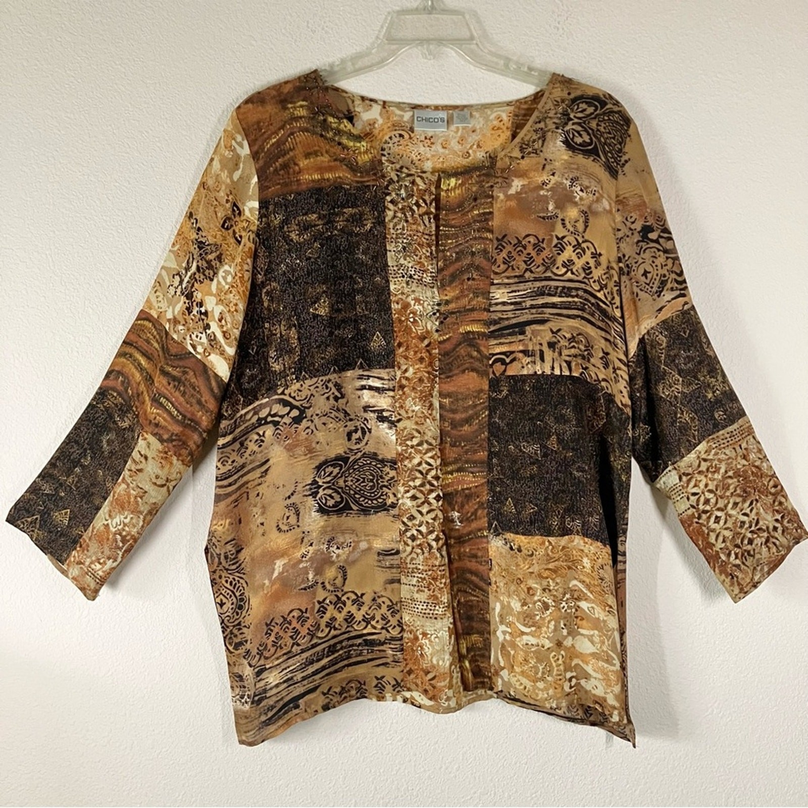 CHICO'S Patchwork Tunic Top Silk Linen Beaded Blo… - image 14