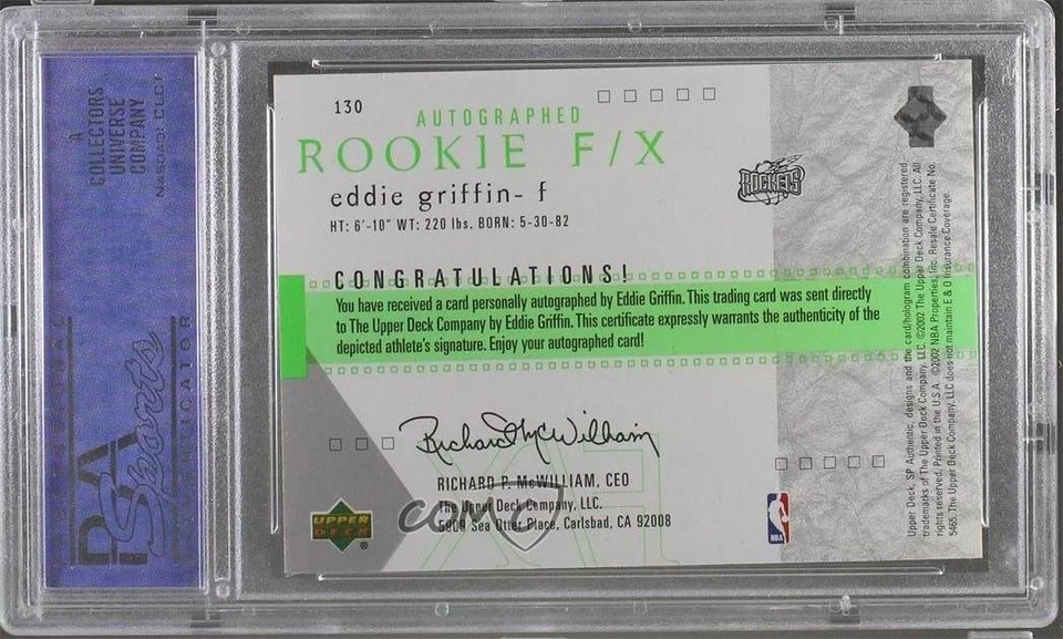 2001-02 SP Authentic F/X /1525 Eddie Griffin #130 PSA 10 GEM MT Rookie Auto RC - Image 2 of 2