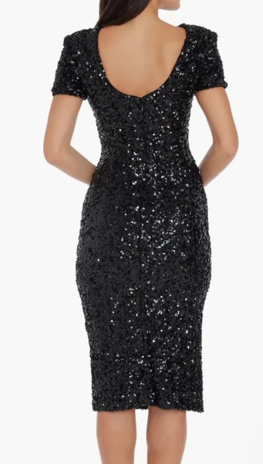 Vestido The Population Natasha Negro Lentejuelas Vaina Midi Vestido de Cóctel, Talla XL Foto 2 de 4