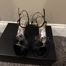 BADGLEY MISCHKA Janie Evening Heels Black Open Toed Rhinestones Dressy Size 6