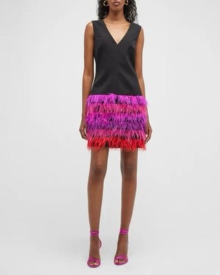 Milly Veronica Feather Mini Dress Black Pink Ostrich Trim Sleeveless Size 4 NWT