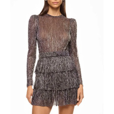Sabina Musayev Purple Tiered Ruffle Mini Dress XS Plisse Metallic Cocktail $285
