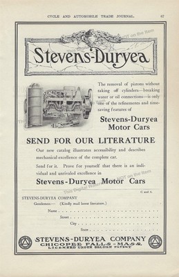 1910 Ad * Stevens-Duryea Motor Cars Chicopee Falls Massachusetts Selden Patent