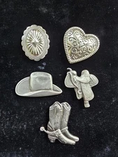 Mixed Lot of 5 Vintage Silver-Tone Button Covers 3 Western Textured Heart Oval 