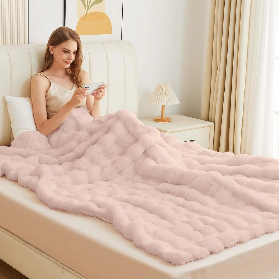 Pink Rabbit Fur King Size Throw Blanket - Cozy & Fluffy - Image 3 of 4