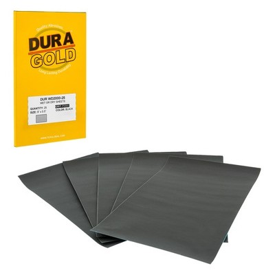 DURA-GOLD  5.5'' x 9'' Wet Dry Sandpaper, P2000 Grit, 25 Sheets, Single Sleeve