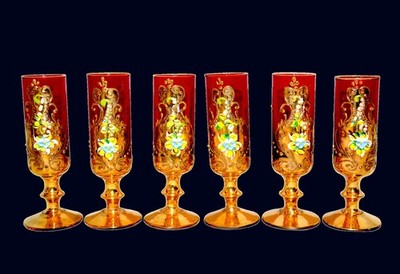 6 Murano Tre Fuochi Ruby Red 24k Gold Cordial Liqueur Shot Glasses VTG 4.5''