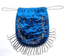 Vintage Royal Blue Silver Beaded Evening Purse Drawstring Pouch Bag Fringe