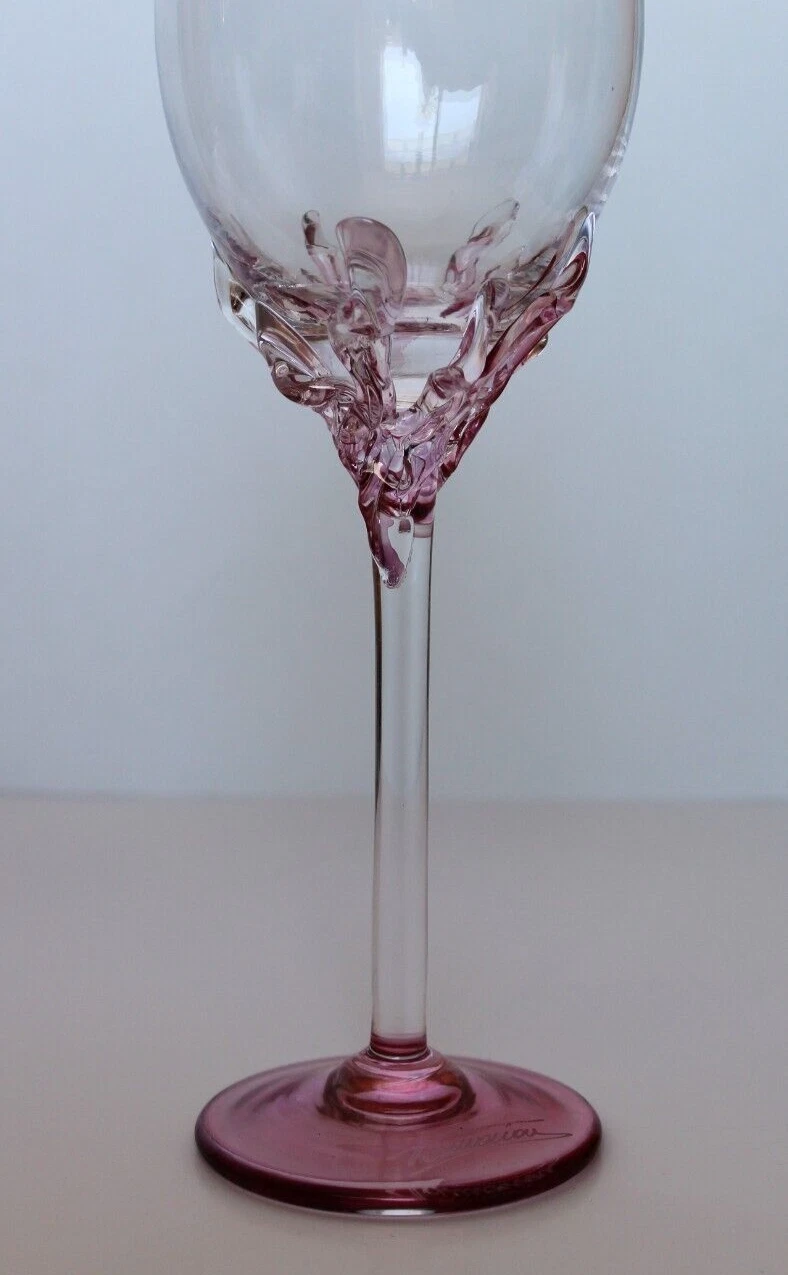 Ion Tamaian Romania Pink Art Glass Signed 10.5" Wine Goblet Flute Stem