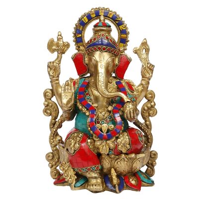 Brass Ganesha Bhagwan Big Statue Multicolor Gemstone Handwork for Home Entrance