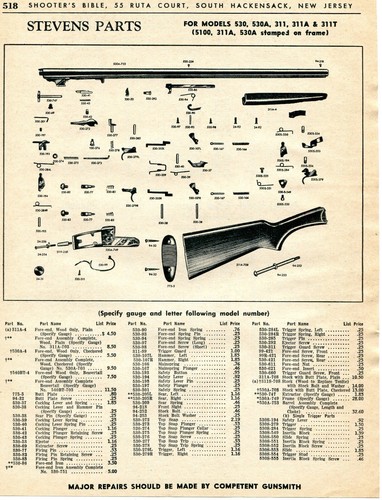 1963 Print Ad of Stevens Model 530 530A 311 311A 311T 5100 Shotgun Parts List