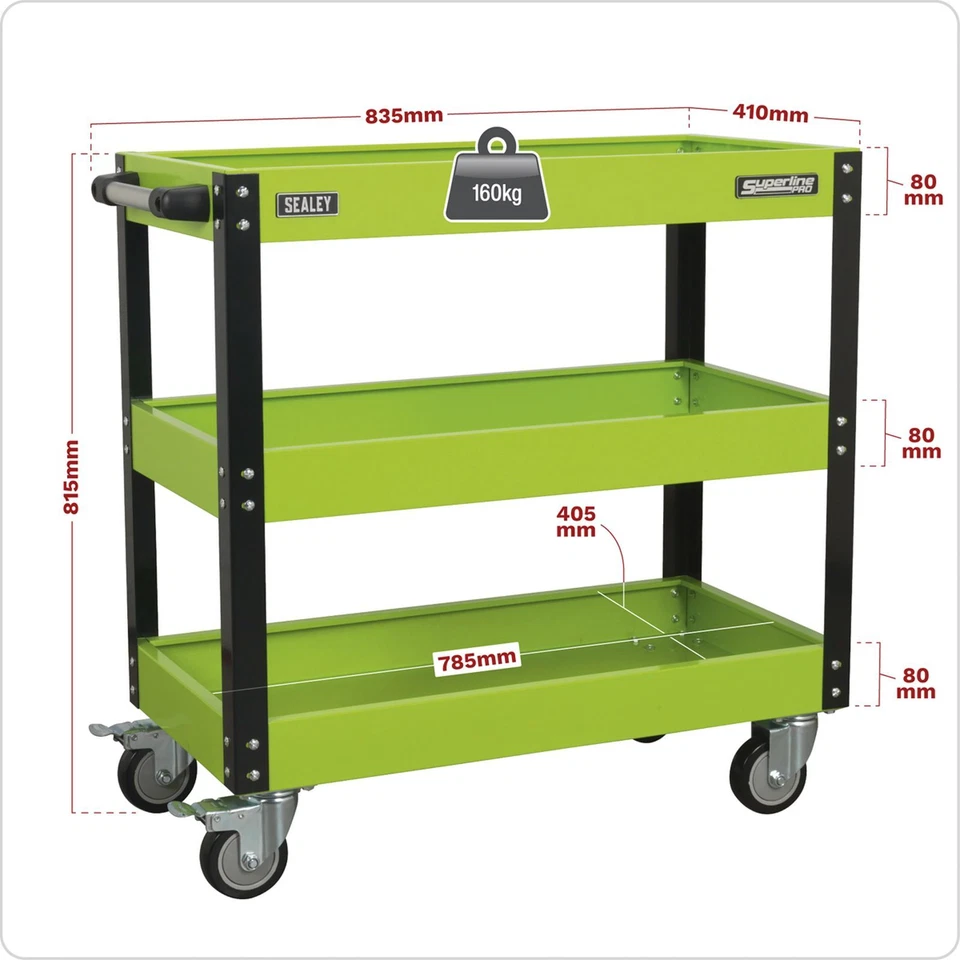 Sealey CX110HV Workshop Trolley 3 Level Heavy Duty Hi Vis Green Garage Tool Cart - Image 3 of 4