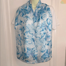Vintage Light Blue, Lavender  White Rose Pattern Long Polyester Scarf