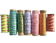 Lot 7 Ribbon Spools Craft Sewing Swirls Plaid Solid Fluorescent Pink Orange