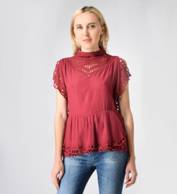 IRO Jala Eyelet Lace High Neck Split Short Sleeve Top_Size L (US10) (FR 42)