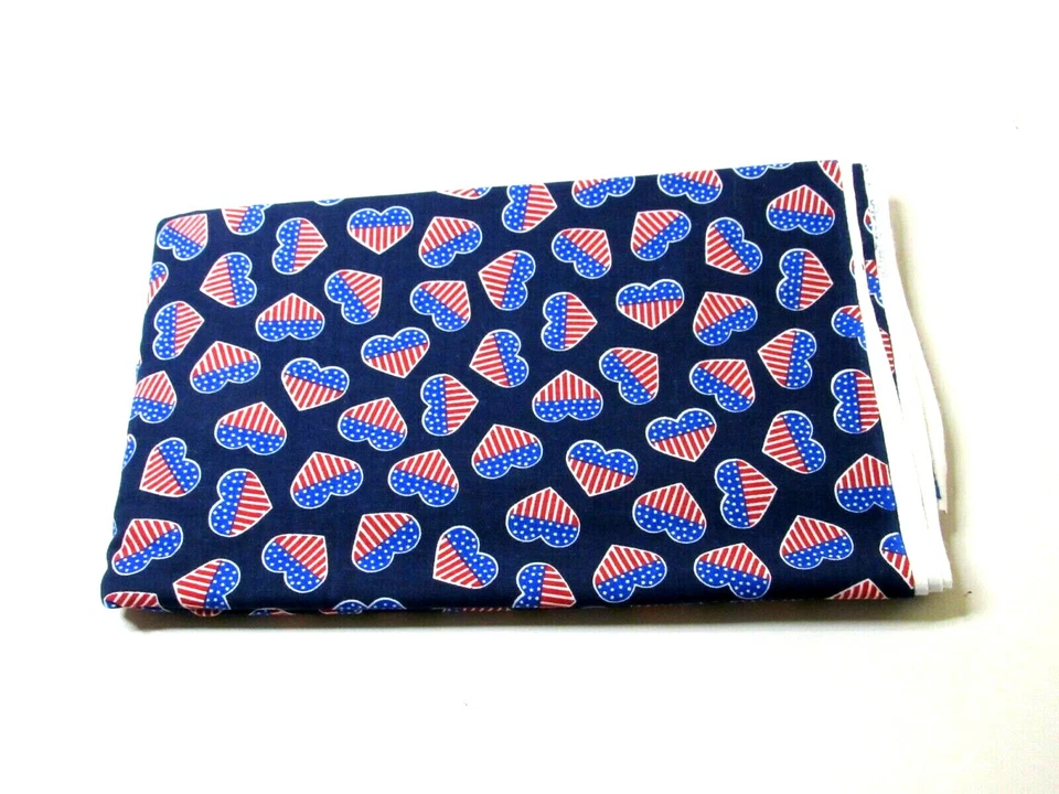 Cotton Sewing Fabric Fashion Patriotic Hearts Print Red White Blue 2 yd x 44" - Image 2 of 3