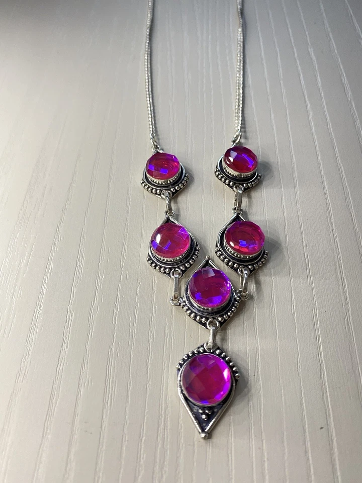 Argento 925 Collana Girocollo Cristallo Fucsia - Immagine 4 di 4