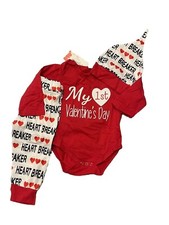 Baby Boy My First Valentines 3 Piece Outfit Long Sleeve Bodysuit Pants Hat 12-18