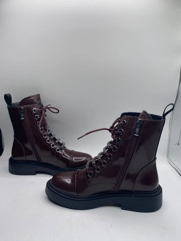 Botines de combate DKNY para mujer Burdeos Malaya con cordones punta almendra nuevos en caja Foto 2 de 4