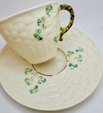 Vintage Irish Shamrock Belleek Basketweave Cup & Saucer 3rd Green Mark Teacup