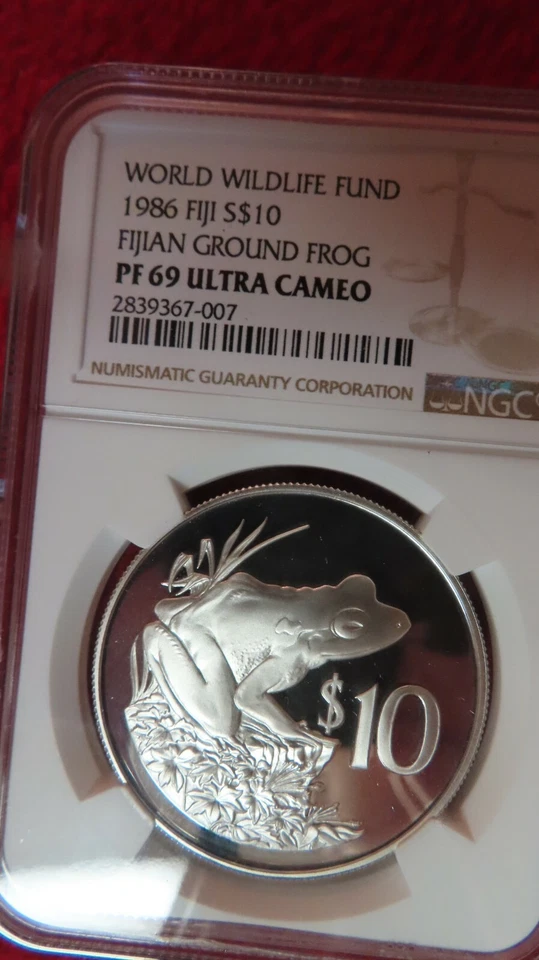 1986  Fiji Fijian Ground Frog Silver Coin NGC PR69 World Wildlife Fund WWF RARE! - Image 2 of 4