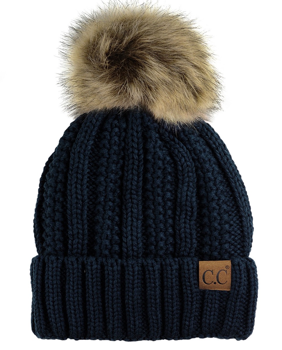 C.C Beanie Thick Cable Knit Faux Fuzzy Fur Pom Fleece Lined  display picture 1