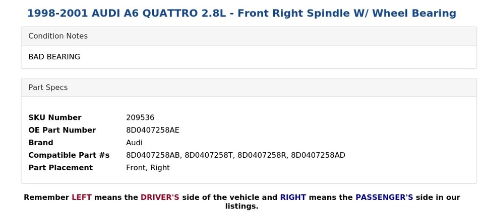 1998-2001 AUDI A6 QUATTRO 2,8 л - передний правый шпиндель с подшипником колеса - Изображение 4 из 4