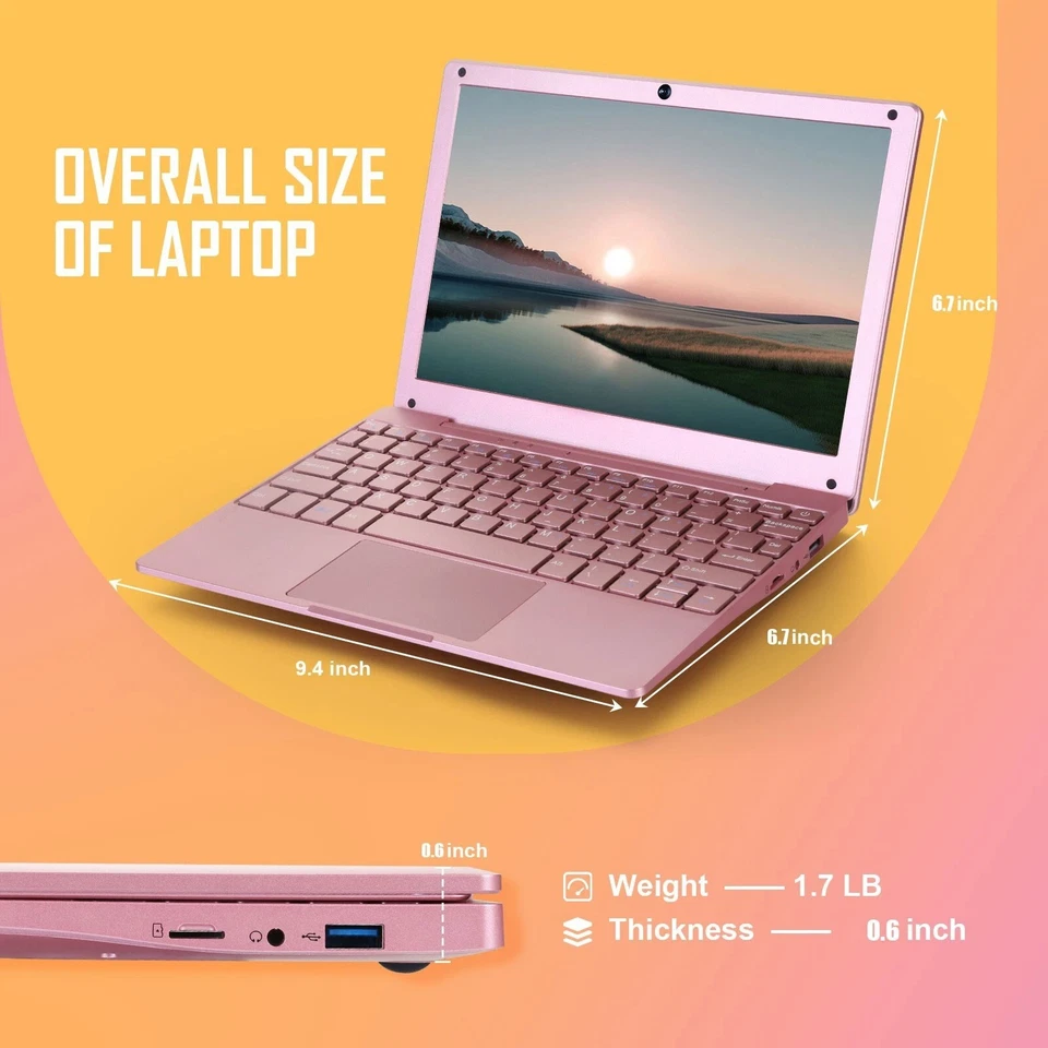 Windows 11 Laptop 10in Quad Core Notebook 8GB+128GB With Bluetooth WiFi Pink - Image 2 of 4