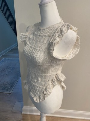 ZARA White Knit Sleeveless Ruffle Crew Neck Women's Regular Blouse Top Size S