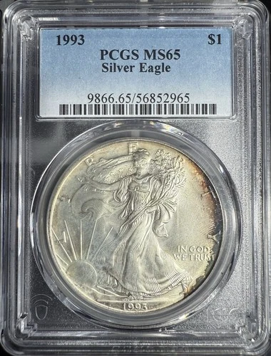 1993 American Silver $1 Eagle PCGS MS65 toning front and reverse