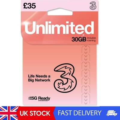 DREI 4G/5G SIM-Karten UK & ROAM-FREI in über 70 Destinationen - PREPAID PAYG 35£