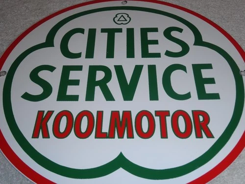 VINTAGE  CITIES SERVICE KOOLMOTOR GASOLINE 11 3/4" PORCELAIN METAL GAS OIL SIGN!
