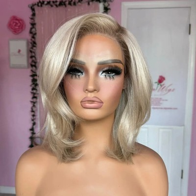 Short Ombre Platinum Blond Wigs Layered Cut 13x4 Lace Front 100% Human Hair Wigs