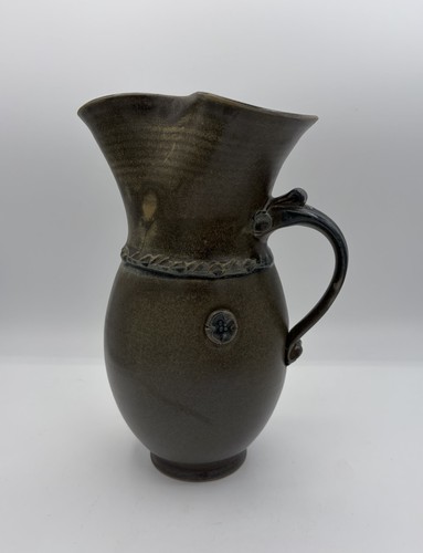 Gray Green Ornate Curvy Mouth Abstract Studio Art Pottery Pitcher Signed 10"
