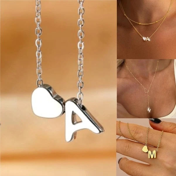 Collana con Iniziale a Cuore Rotondo, Acciaio Inossidabile 304