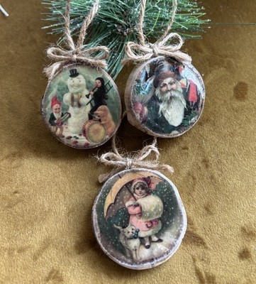 Handmade Vintage Style Rustic Wooden Ornaments   Cat   Snowman   Christmas Santa