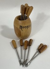 VTG Wood Cocktail Picks Pickle Olive Set 11 Forks in Wooden Holder Monaco